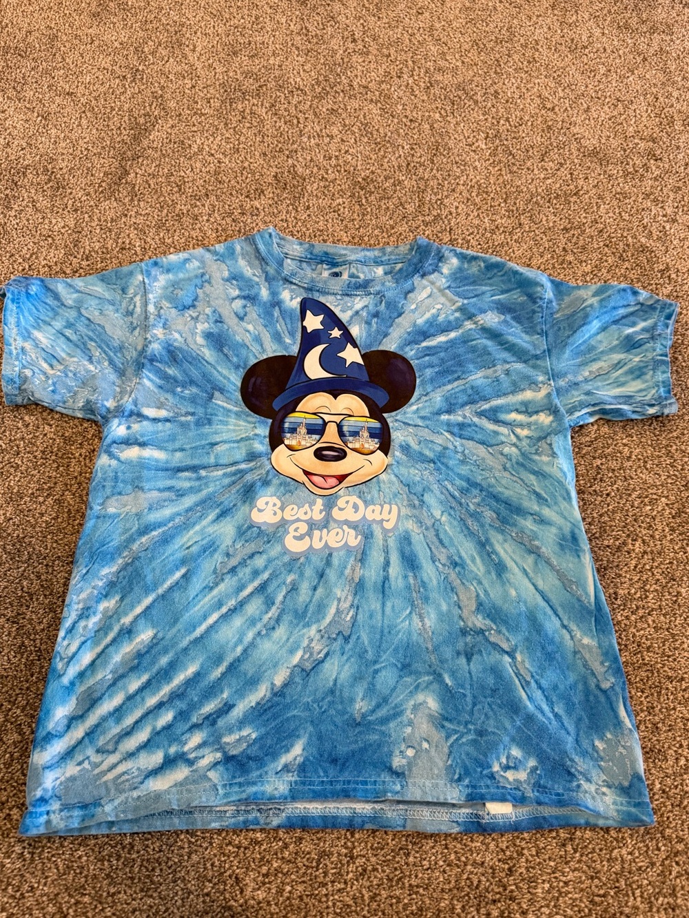 Kids Blue Tie-Dye Graphic Tee — "Best Day Ever" Sorcerer Mickey